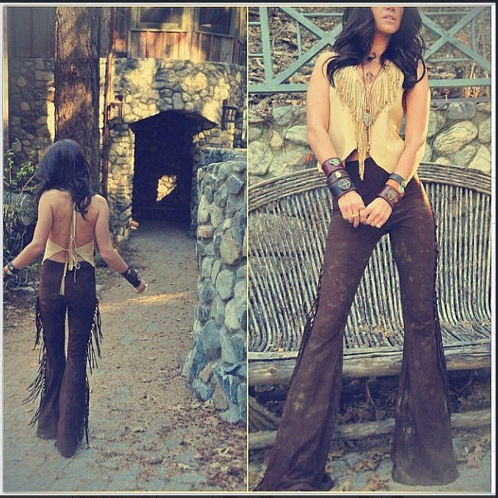 Hiphugger Fringe Bell Bottoms in BROWN TIE DYE - XS S M L XL Vintage 70s Leather - Picture 7 of 13